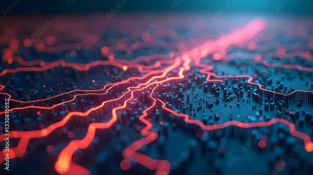 Poster abstract digital network of glowing red lines tech blue background