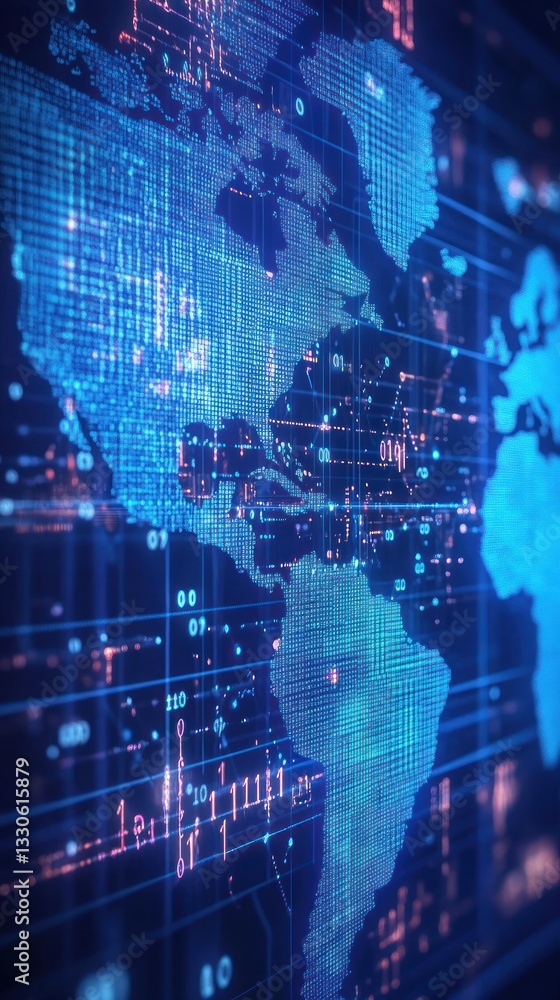 Poster digital world map with data streams in background