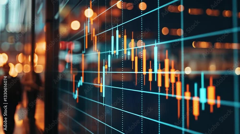 Poster digital stock market chart with glowing candlestick patterns and blurred cityscape background symbol