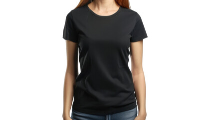 Woman wearing black t-shirt with transparent background is posing for advertising campaign
