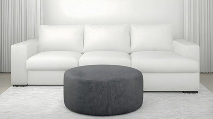 Modern living room interior design in the minimalist, Scandinavian style, featuring a white sectional sofa on a textured rug and a bright gray ottoman as an accent