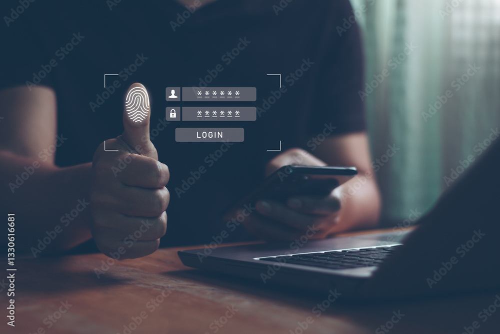 Fototapete Businessman thumb fingerprint scanning and biometric authentication, cyber security and digital password identity, future protection technology, 2FA secure account login two step factor verification.