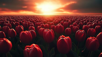 Obraz premium This beautiful landscape showcases a vast field of red tulips bathed in the warm glow of a golden sunset, symbolizing natural beauty and the tranquility of nature's cycles.
