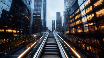 Fototapeta premium Moderne Rolltreppe führt in gläserne Bürogebäude bei Dämmerung