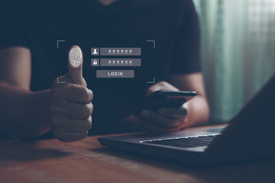 Businessman thumb fingerprint scanning and biometric authentication, cyber security and digital password identity, future protection technology, 2FA secure account login two step factor verification.