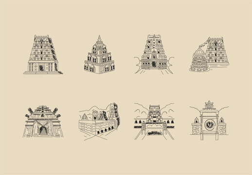 Black Tirumala Temple Architecture Illustration Set