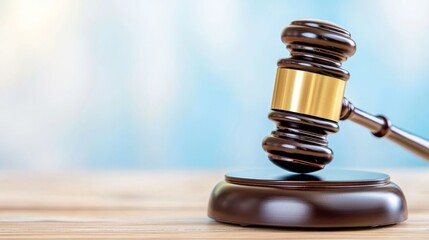 Brown wooden gavel on a table with a soft blurred background representing justice and law