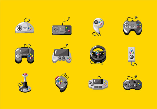 Colorful Video Game Controllers Gaming Console Icons Set