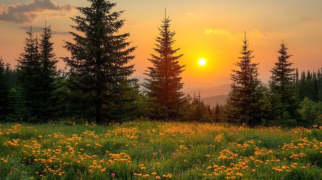 Field with trees sunset over a mountain range