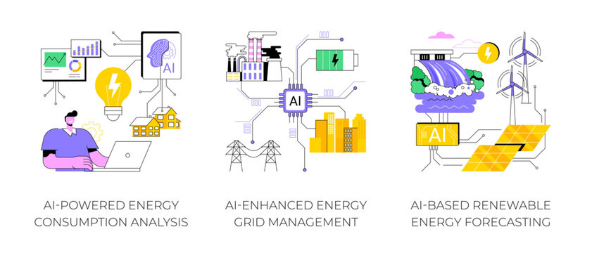 AI in Energy production and use abstract concept vector illustrations.