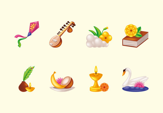 Colorful Vasant Panchami Festival Traditional Illustration Set