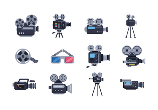 Gray Film Camera Vintage Cinematic Devices Icons Set