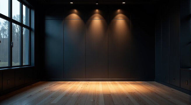 Empty modern room with dark walls, wooden floor, and large window. Ideal for showcasing products or creating a mood.