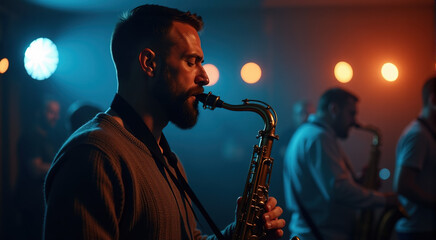 A male musician plays the saxophone on a dimly lit stage during a live music performance.