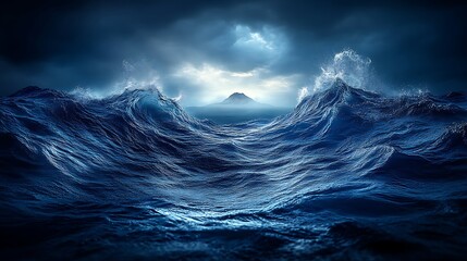 Dramatic Ocean Waves Crashing Towards Distant Mountain