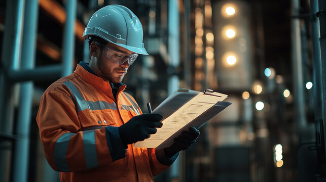 A laborer is reviewing the dangerous substance data sheet in the vicinity of the chemical storage facility at the manufacturing site, taking safety precautions