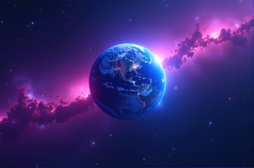 Fototapeta premium Stunning cosmic view of Earth from space, surrounded by vibrant purple and pink nebula clouds. Perfect for science, fantasy, or space-themed projects.