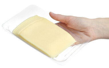 A pack of cheese slices in hands on white background isolation