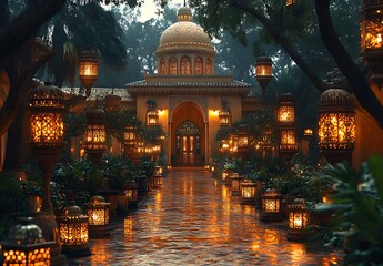 Elegant Palace Entrance with Lanterns and Lush Greenery at Twilight

