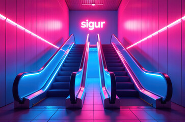 Two escalators with vibrant neon lighting in a modern interior. Pink and blue color scheme creates a futuristic and stylish atmosphere.