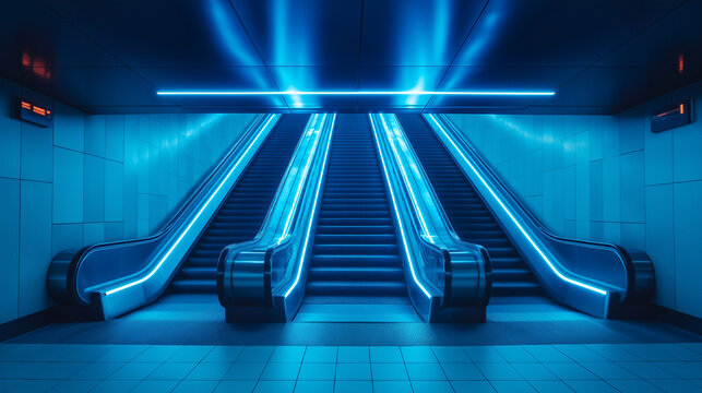 Futuristische Rolltreppen in blauem Neonlicht der urbanen Architektur

