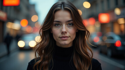 Fototapeta premium Portrait of a young woman in a city at night. She is wearing a black turtleneck sweater.