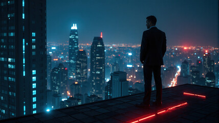 Fototapeta premium Silhouette of a businessman looking at a beautiful night cityscape. Perfect for business, success, and future concepts.