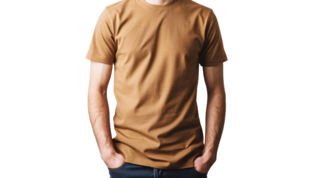 Man wearing plain brown t-shirt with hands in pockets on transparent background