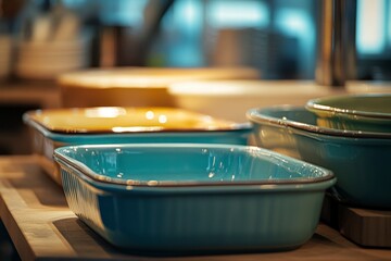 Stacked Ceramic Baking Dishes: Turquoise, Yellow & Green Retro Kitchenware on Counter, Cookware Set, Ready for Food Prep