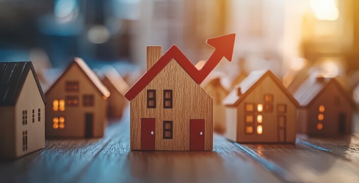 Dynamic Real Estate Growth Concept with Wooden Houses and an Upward Arrow Symbolizing Increase in Property Value and Market Potential