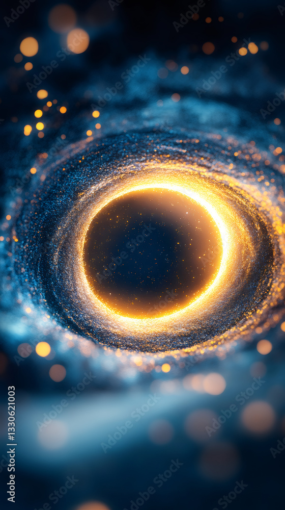 Poster golden ring of swirling cosmic energy and particles against a dark, starry backdrop, creating a mesm