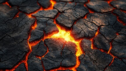 Molten Lava Flows Through Cracked Earth Surface