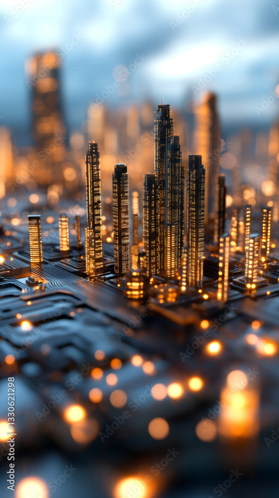 Aufkleber skyscrapers rising from a circuit board, creating a futuristic cityscape glowing at sunset, symboliz