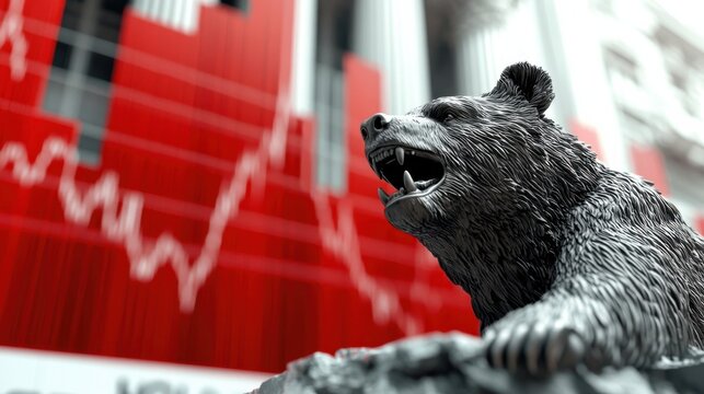 A fierce bear sculpture stands prominently against a backdrop of declining stock market trends, representing bearish market sentiments and financial challenges.