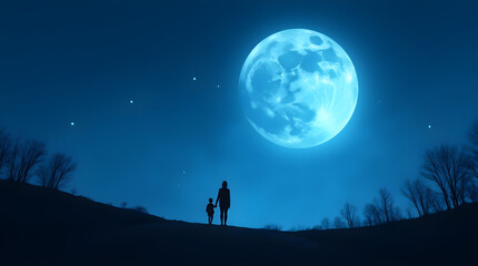 Peaceful Blue Moon Night - Parent and Child Silhouettes - Starry Sky Moonlit Landscape Illustration