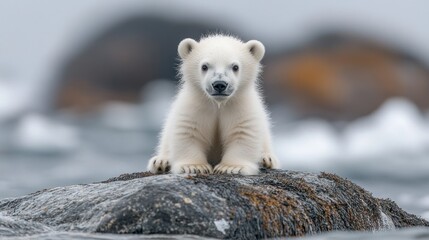 Adorable Polar Bear Cub on Arctic Rock