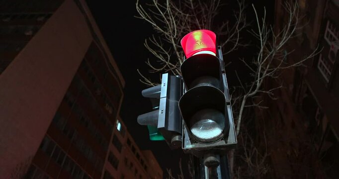 Red Traffic Light at Night in Urban Setting 