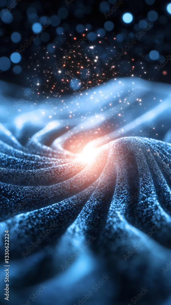 Poster Wavy blue digital landscape with glowing particles and bokeh effect creating a mesmerizing and futuristic atmosphere