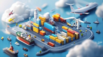Obraz premium Isometric 3D Visual of Global Transport System with Cargo and Vessels