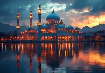 Naklejka premium Majestic Mosque at Sunset Reflecting in Calm Waters with Vibrant Sky