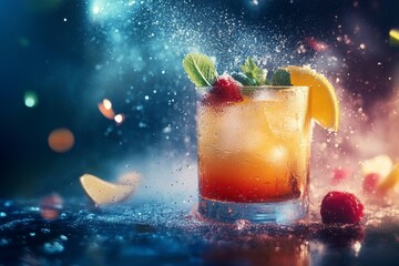 Refreshing tequila sunrise cocktail with ice, fruit garnish, and sparkling splash for vibrant party celebration