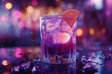 Refreshing purple cocktail with ice cubes and orange slice on a wet bar top, bokeh lights background creates festive mood