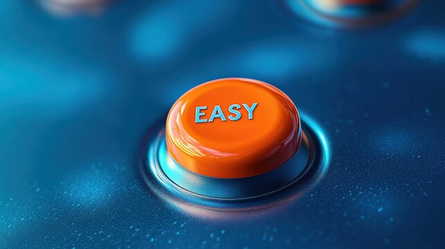 The bright orange easy button contrasts dynamically with the abstract blue background, symbolizing simplicity and user-friendliness in a modern technological context.