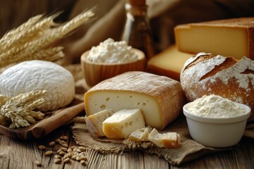 Fototapeta premium Rustic Cheese and Bread Still Life with Flour, Wheat, and Linen on Wooden Table