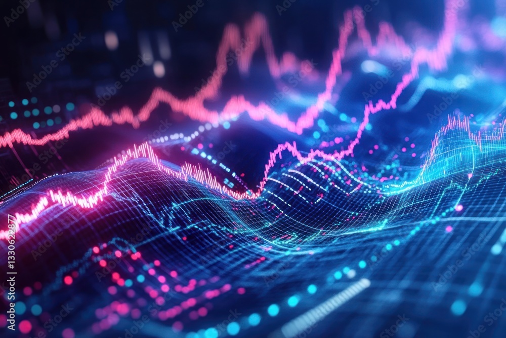 Poster vibrant digital waveforms illustrating data trends and analytics in a futuristic technological envir