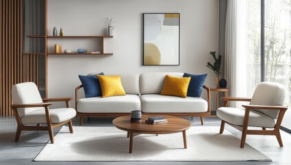 Elegant Modern Living Room with Cozy Sofa, Stylish Chairs, and Wooden Table in Bright Natural Light