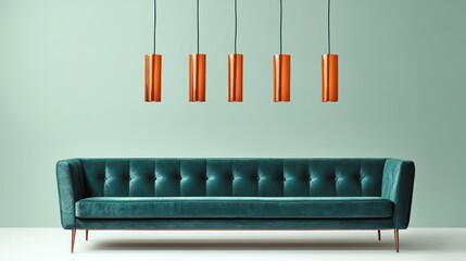 Teal velvet sofa, copper pendant lights, minimalist room, interior design, home decor
