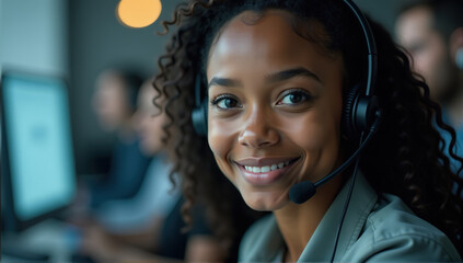 Close-up portrait of a smiling young African American female customer service representative wearing a headset in an office setting.