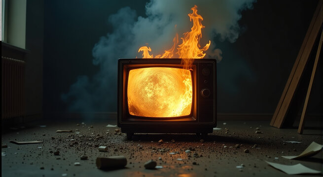 Burning vintage television set in a dark room. Dramatic image of destruction and decay. - Powered by Adobe
