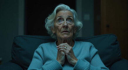 Close-up portrait of a senior woman sitting on a sofa in a dimly lit room, looking up with a worried expression.